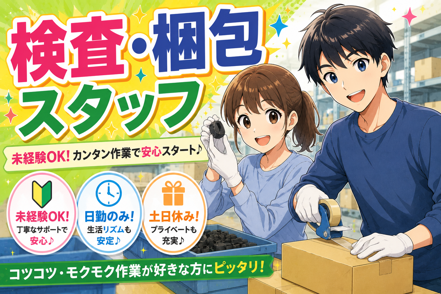 ピッキング（検品・梱包・仕分け）(常総市/夜勤固定/長期/週5/土日休み/検査/梱包)