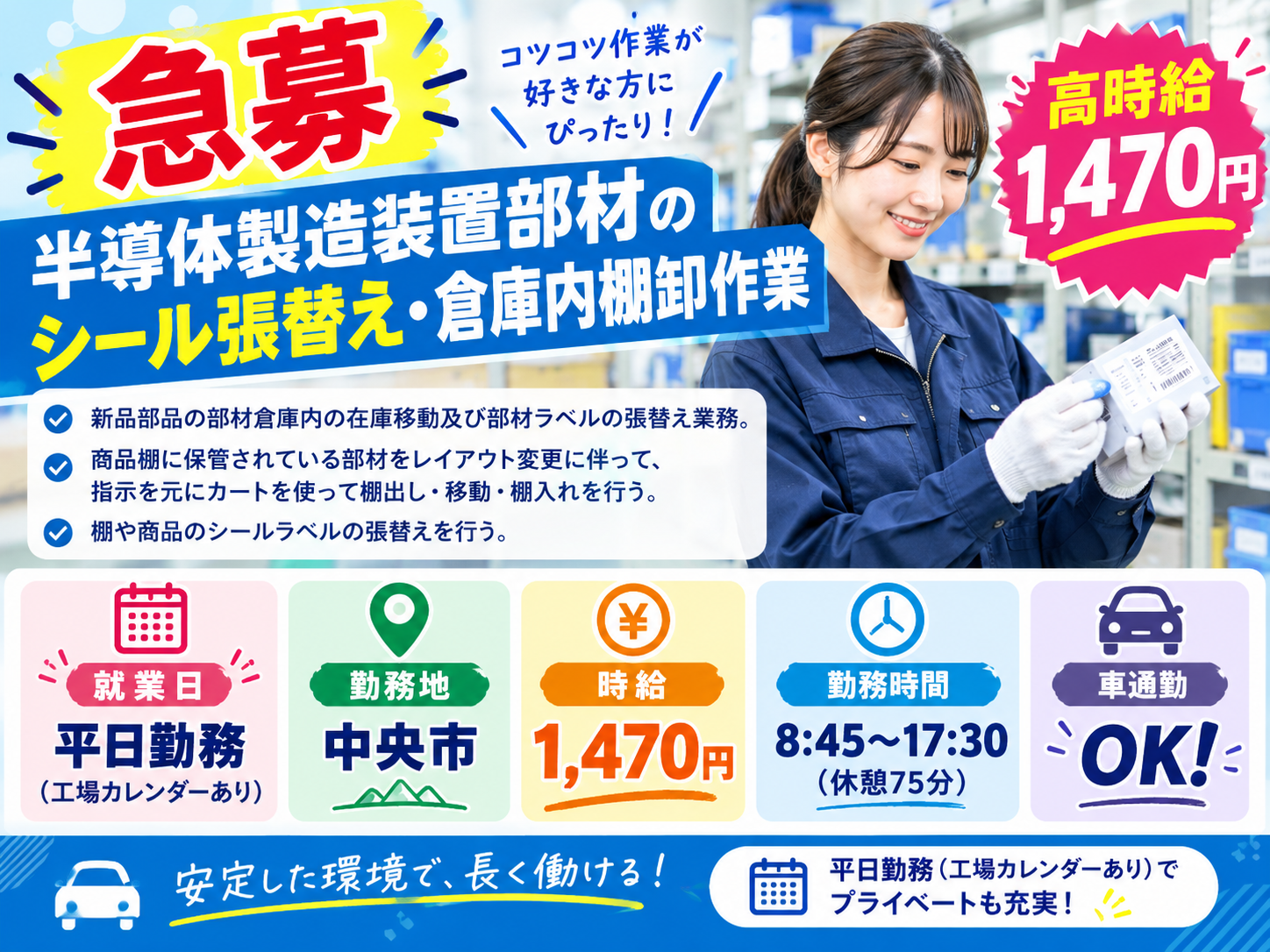 ピッキング（検品・梱包・仕分け）(在庫棚だし移動・シールラベル張替作業)