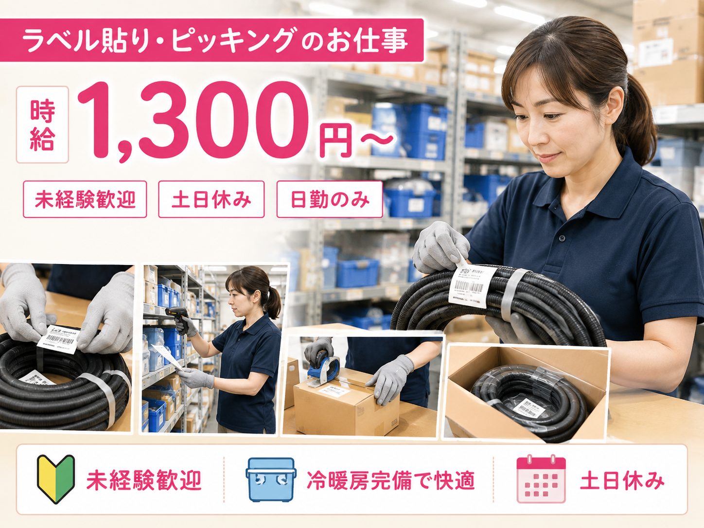 倉庫管理・入出荷(常温倉庫｜シール貼り・ピッキング・入出荷作業｜土日休み｜日勤)